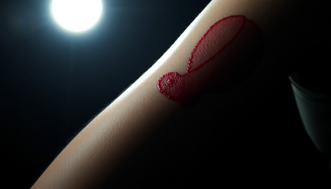 An extreme close-up photograph of a woman's swollen, reddened arm against a pitch-black background, conceptually representing the physical trauma and fear experienced by the victim during the attempted kidnapping.