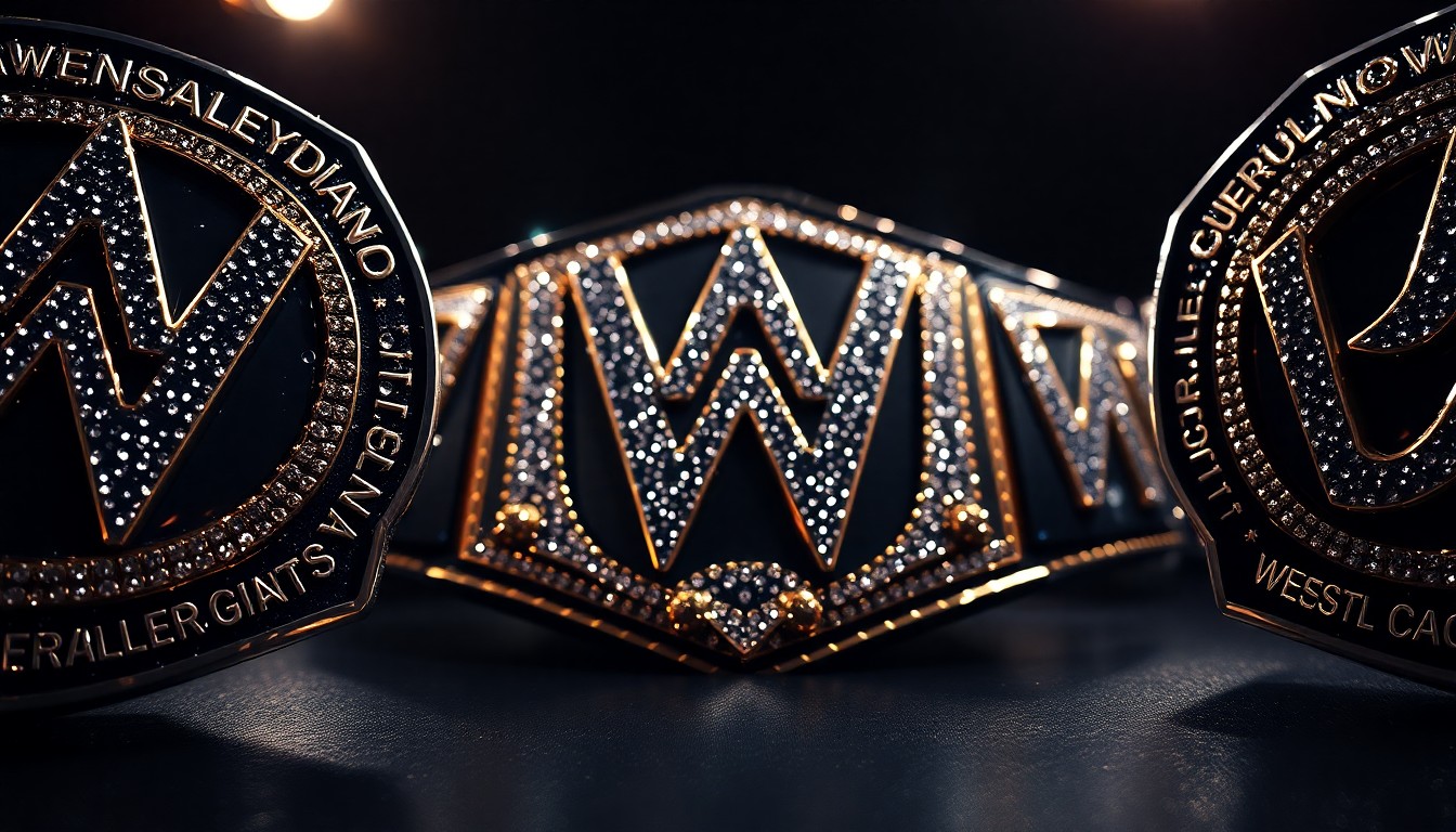 An extreme close-up of the intricate, metallic texture and reflective surfaces of a professional wrestling championship belt buckle, captured in dramatic, high-contrast lighting to convey the glamour and intensity of the sport.