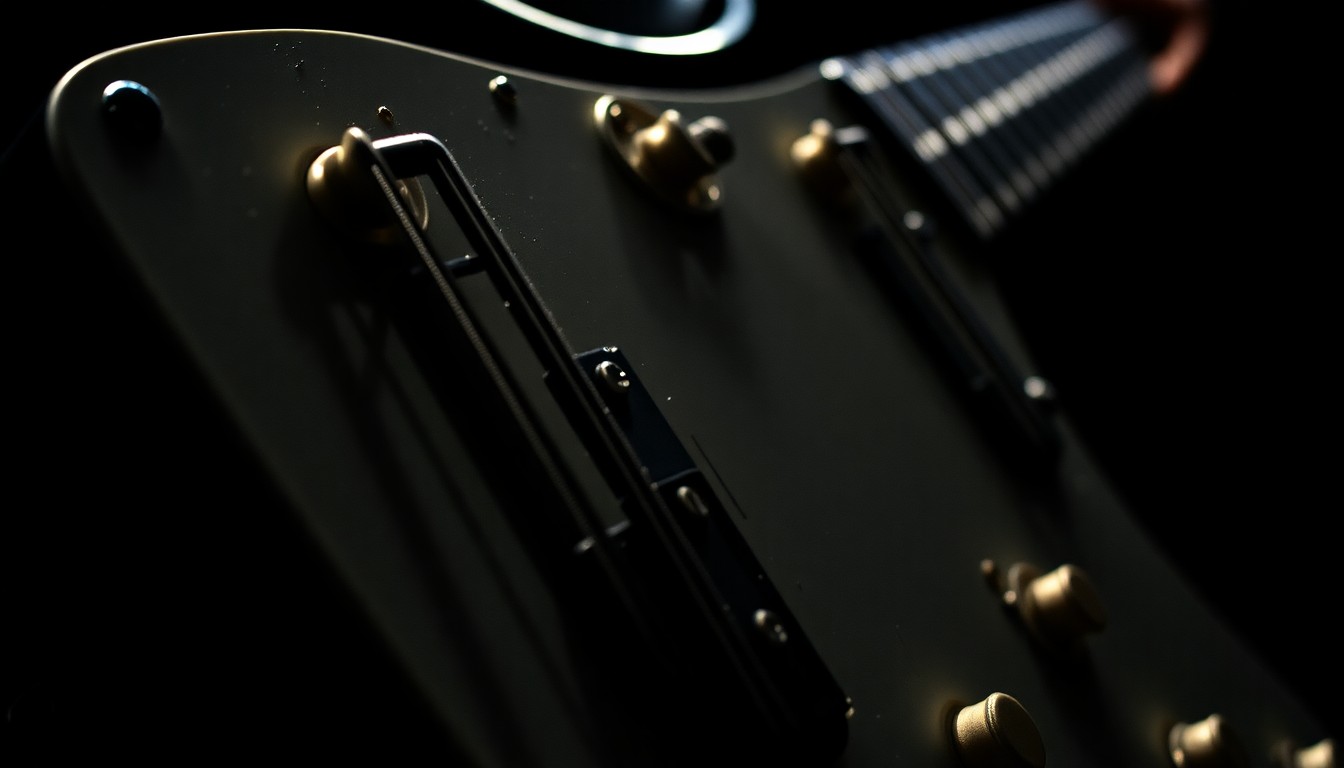 An extreme close-up photograph of the textured metal strings of an electric guitar, shot in dramatic, high-contrast studio lighting to capture the gritty, high-energy essence of rock music performance.