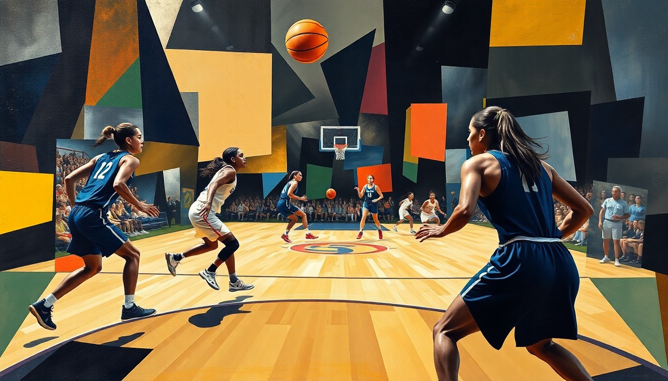 A cubist, geometric painting depicting a fragmented women's basketball game, with the players' figures and the court broken down into abstract shapes and planes of color.