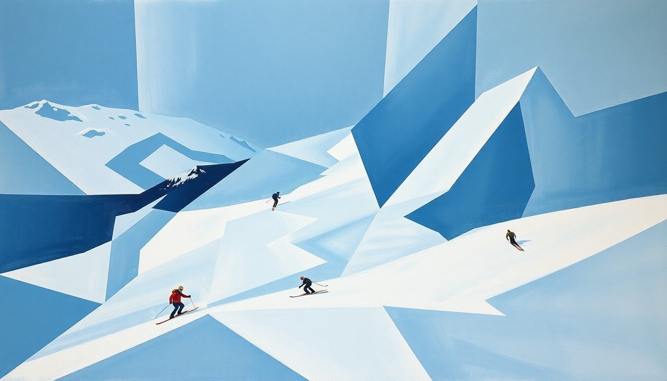 A cubist, geometric painting depicting a fragmented ski slope and skiers, conveying the disruption and uncertainty facing Colorado's ski resorts due to climate change.