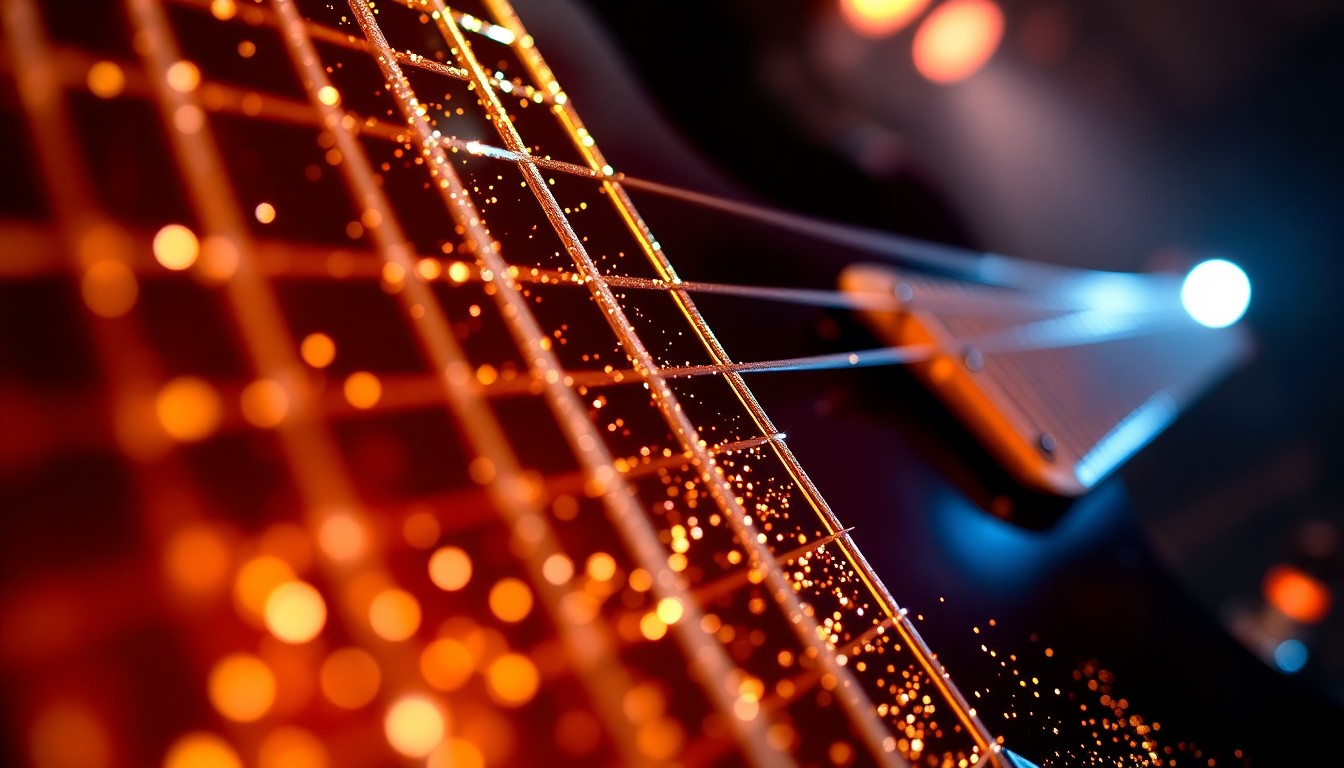 An abstract close-up photograph of shimmering, glittering guitar strings, capturing the high-energy and glamour of rock music performance.