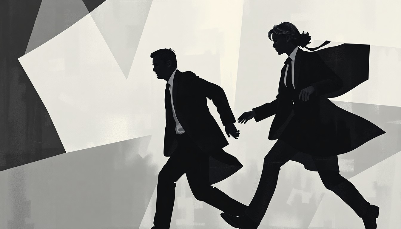 A highly stylized, fragmented painting in shades of gray and black depicting the silhouettes of two figures in motion, conveying the turbulent political implications of the Epstein scandal.