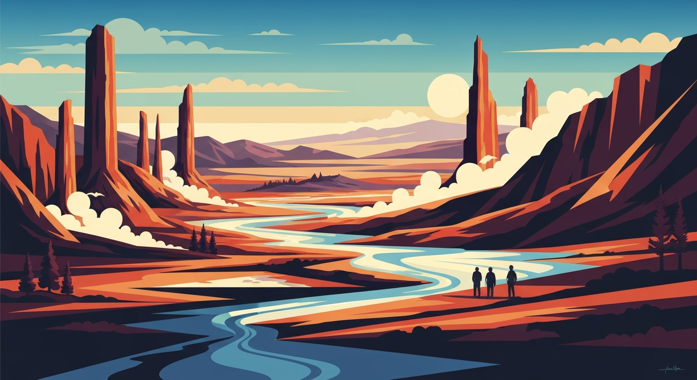 A bold, geometric illustration depicting the grand scale and sweeping vistas of Yellowstone National Park, with towering forced perspectives of the park's iconic thermal features and landscapes, conceptually representing the romance and danger of travel to this natural wonder.
