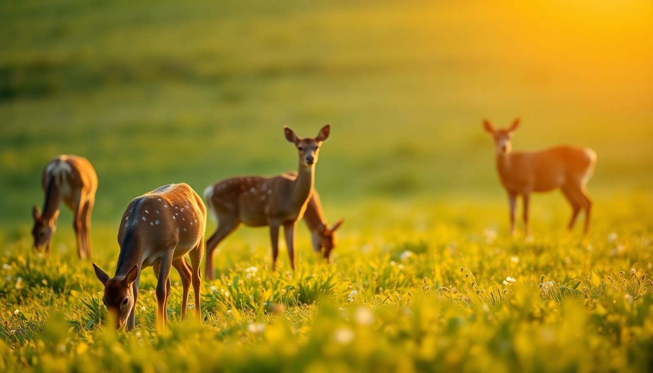 An extremely abstracted, out-of-focus photograph of several deer grazing in a grassy meadow, with soft, warm pools of light and color creating a dreamlike, atmospheric scene.