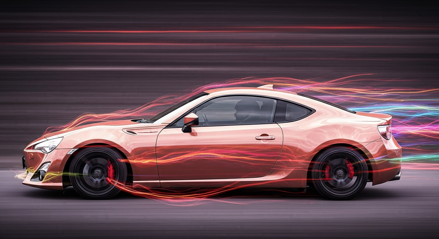 An abstract, blurred image of a Toyota sports car in motion, with streaks of bright colors and dynamic energy, conceptually representing the custom Dakar-inspired PreRunner build.