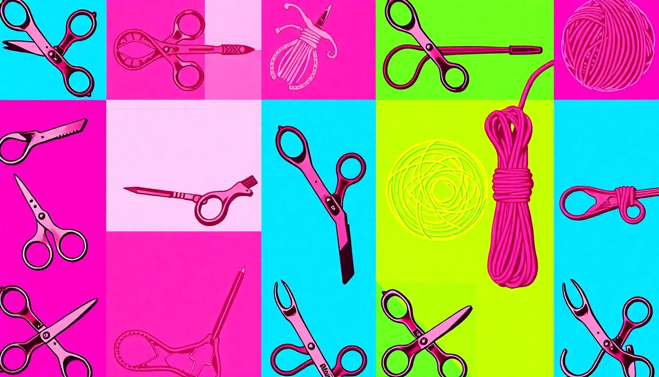 A bold, colorful silkscreen-style illustration featuring a repeated pattern of a sewing needle or pair of scissors in a grid, conceptually representing the act of unraveling and reweaving narratives around gender, power, and identity.