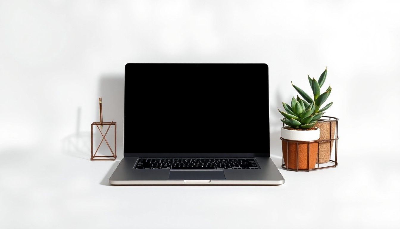 A high-end, photorealistic studio still-life photograph featuring a sleek laptop, a modern desk organizer, and a potted succulent plant arranged elegantly on a clean, white seamless background, conceptually representing the abstract ideas of entrepreneurship, innovation, and the rise of women-led businesses in smaller cities.