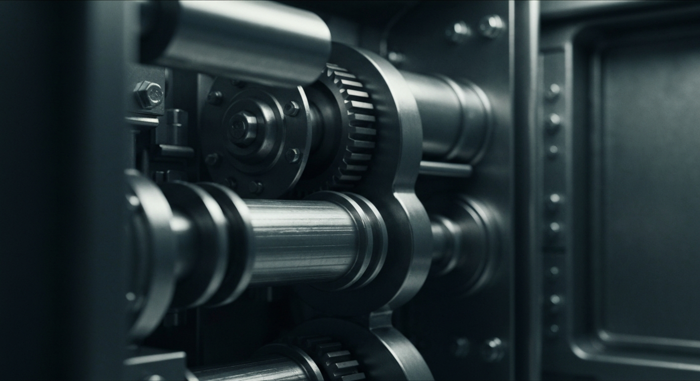 An extreme close-up of the intricate, heavy machinery and security features inside a modern banking vault, conveying a sense of financial power and institutional strength.