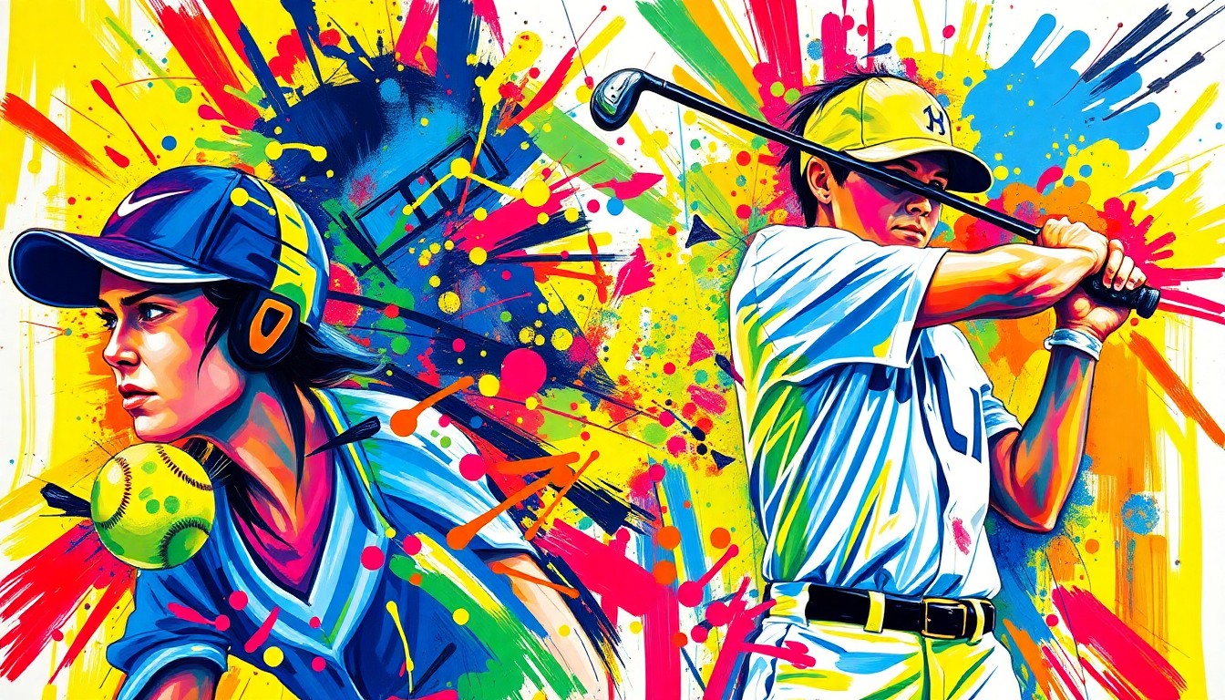 An abstract expressionist painting in neon colors, capturing the explosive energy and movement of high school sports through bold, gestural brushstrokes that dissolve recognizable figures and objects into a vibrant, dynamic composition.
