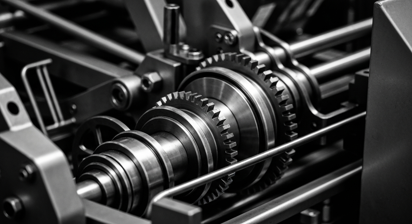 A high-contrast black and white close-up image of the gears, pulleys, and mechanisms of an industrial packaging machine, conveying a sense of the raw power and precision of modern packaging operations.
