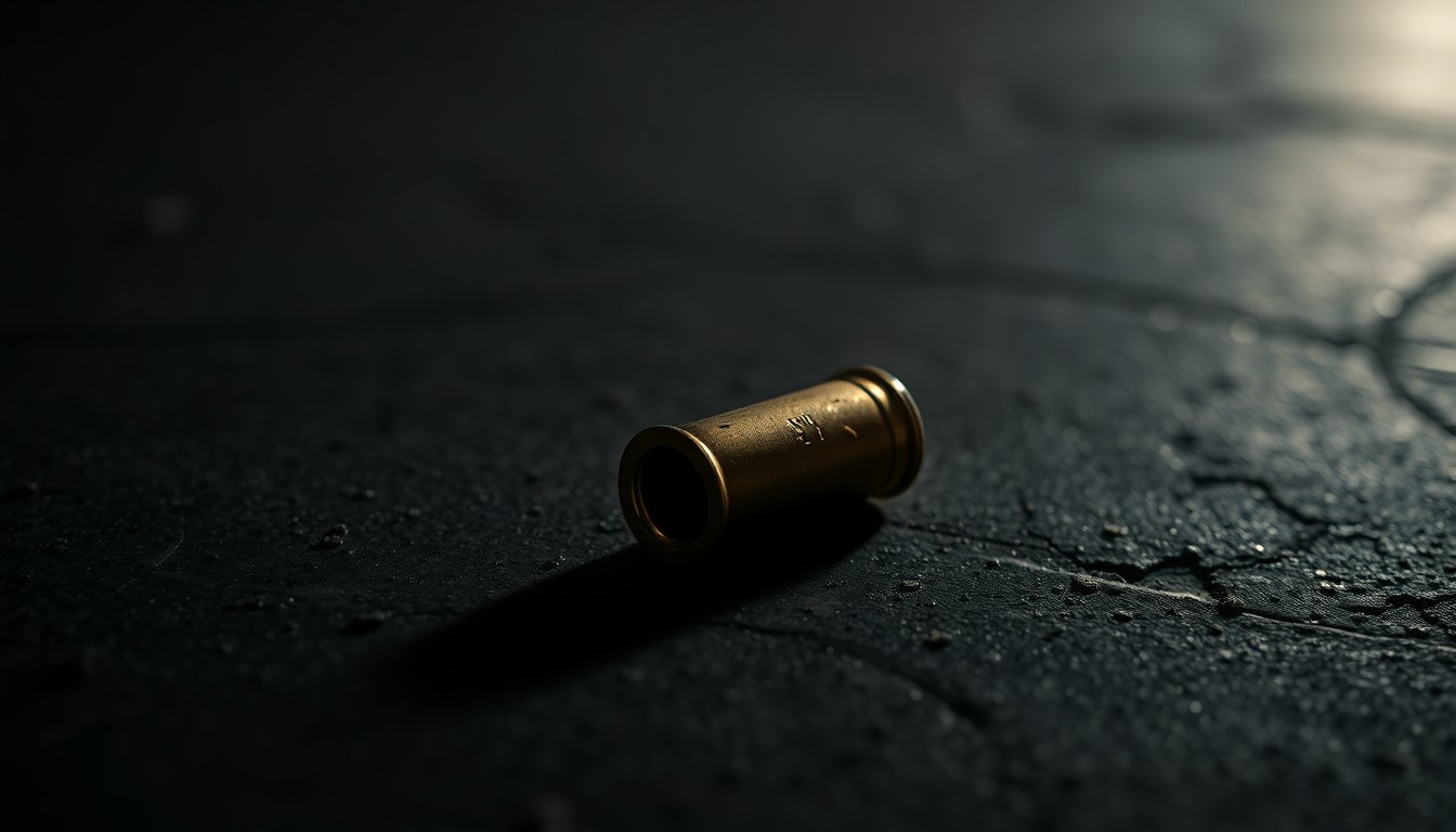 An extreme close-up photograph of a single spent shell casing on a dark, textured surface, lit by a harsh, direct camera flash, creating a stark, gritty, investigative aesthetic.