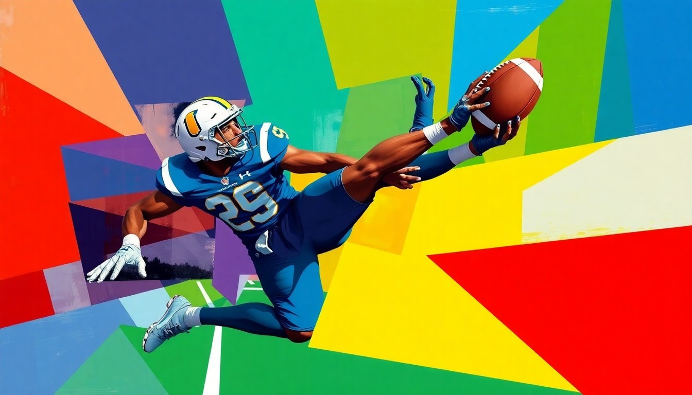 A fragmented, cubist-style painting depicting a football player in mid-air making a catch, with the player's body and the ball broken down into sharp, overlapping geometric shapes and planes in vibrant team colors.