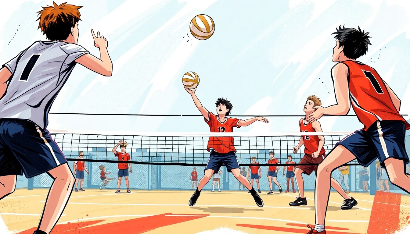 An abstract, expressionist painting in a vibrant color palette of reds, oranges, and blues, with dynamic brushstrokes conveying the fast-paced action and competitive spirit of a high school boys' volleyball game.