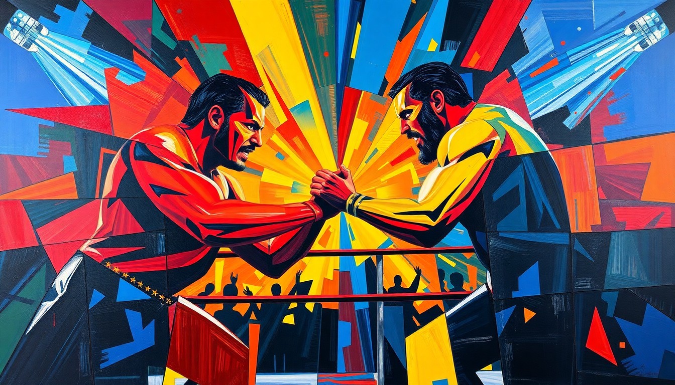A fractured, multi-angled painting depicting the intense action of a WWE wrestling match, with figures and objects broken down into sharp, overlapping geometric shapes in a vibrant color palette.