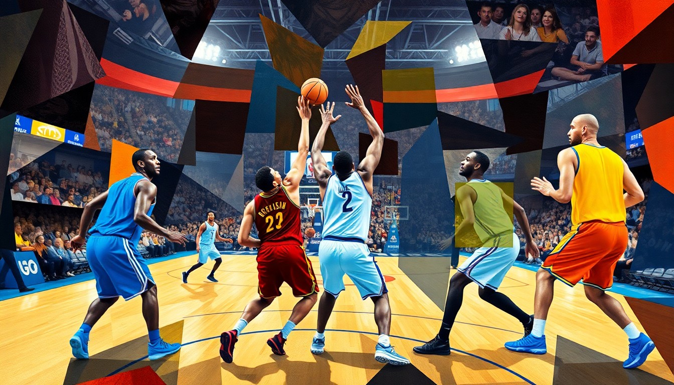 A fragmented, multi-angled painting in bold colors and sharp, overlapping shapes, conceptually representing the dynamic action of a basketball game.
