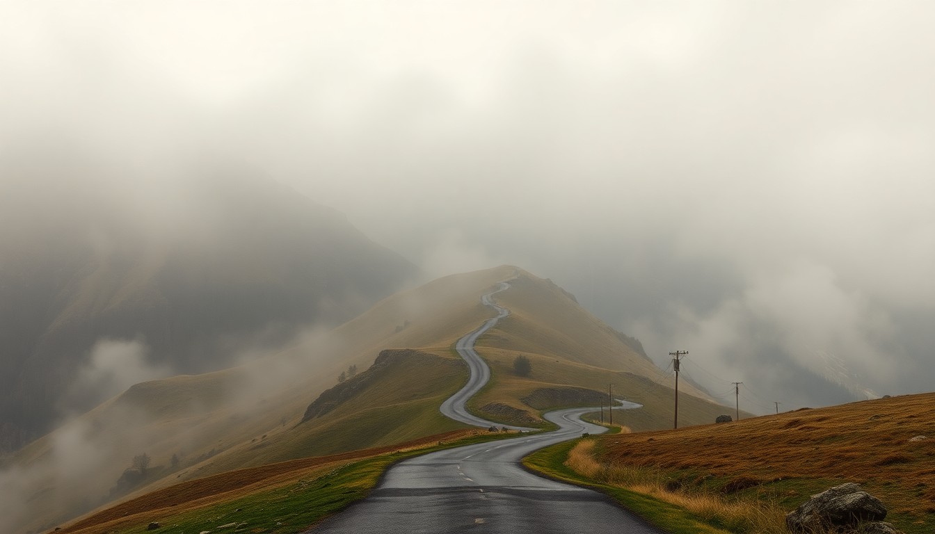 A sweeping, atmospheric landscape painting in muted tones of grey, blue, and green, depicting a winding road cutting through a hilly, rural scene obscured by heavy fog, conveying a sense of the overwhelming power of nature.