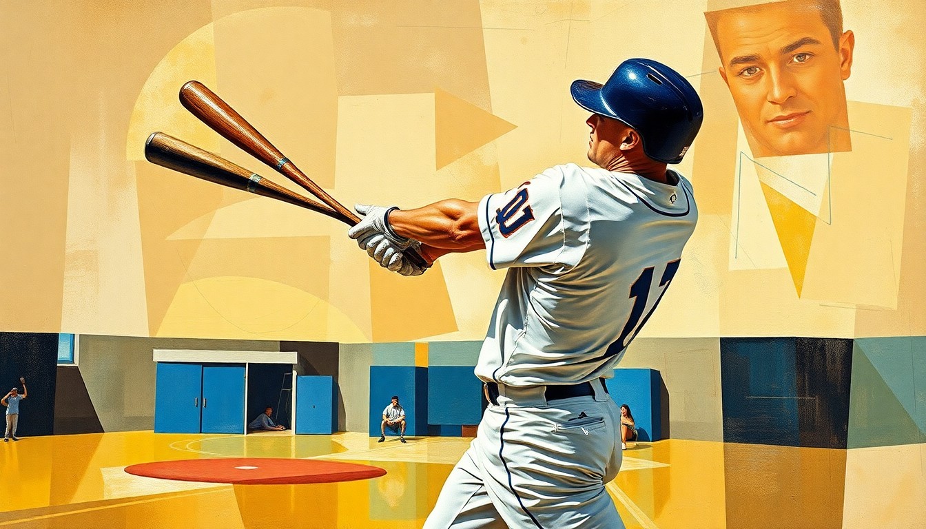 A cubist, geometric painting depicting the fragmented motion of a baseball player's swing, conveying the complexity and uncertainty surrounding the Brewers' handling of Jackson Chourio's injury recovery.