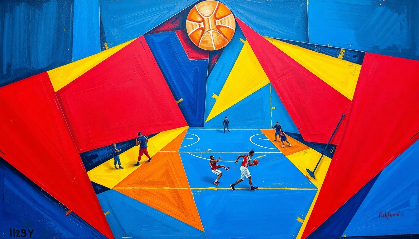 A fragmented, geometric painting depicting the motion and energy of a basketball game, with sharp planes of color and overlapping shapes representing the fluid movements of a skilled guard.