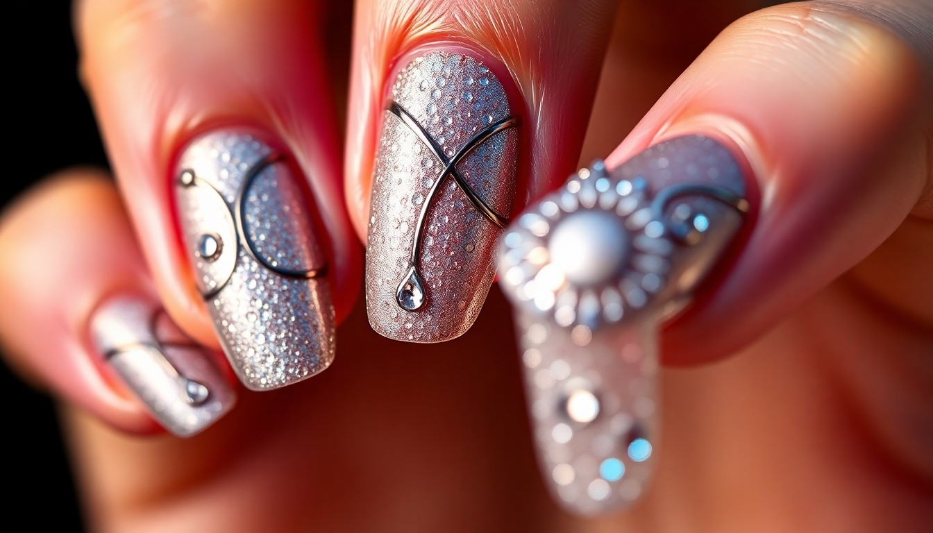 An extreme close-up photograph of Kylie Jenner's manicure, featuring intricate nail art designs in shimmering metallic and vibrant colors that abstractly represent Justin Bieber's music and fashion.