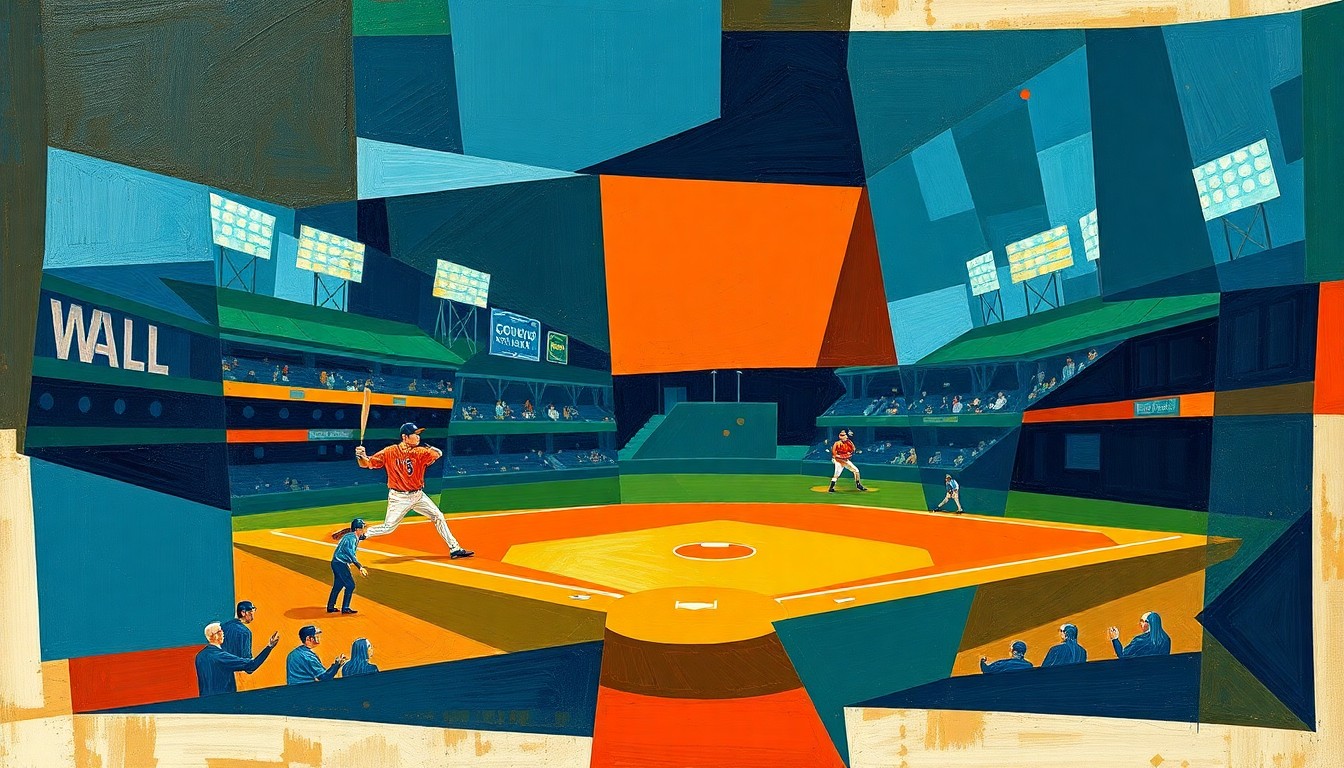 A fragmented, geometric painting depicting a baseball game, with sharp planes of color and overlapping shapes representing the ebb and flow of the action on the field.