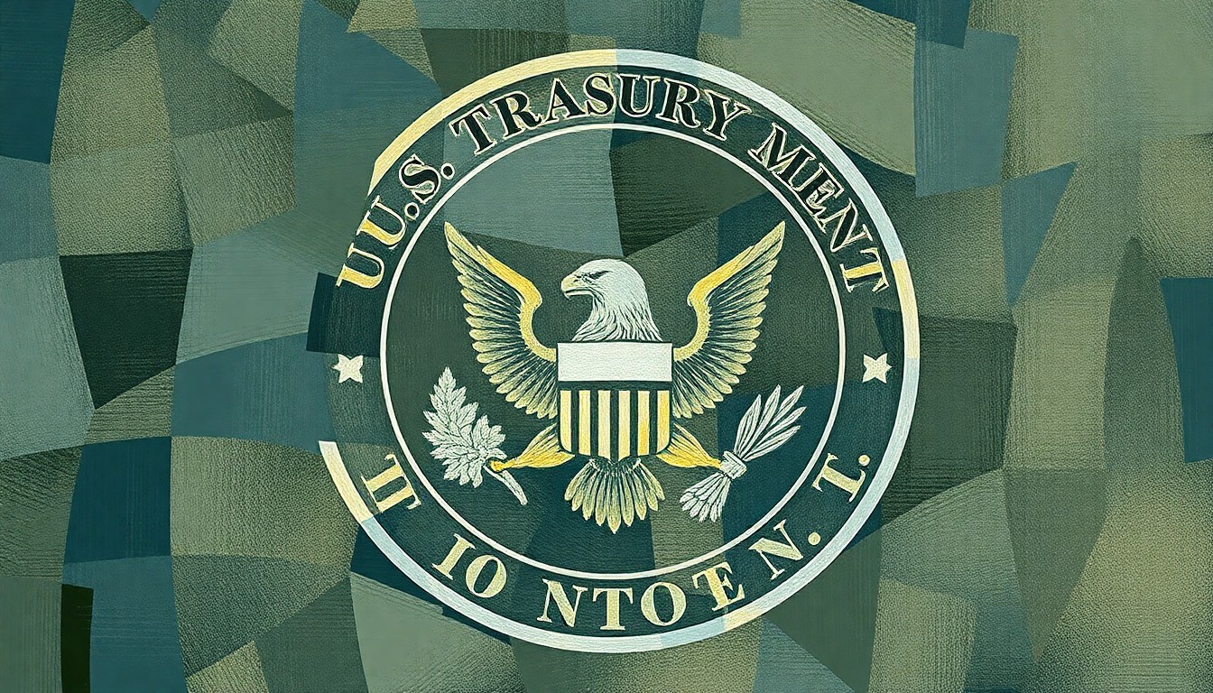 A fractured, overlapping geometric painting of a U.S. Treasury Department symbol, repeating in waves of muted blue, grey, and gold tones to convey a sense of economic volatility and uncertainty.