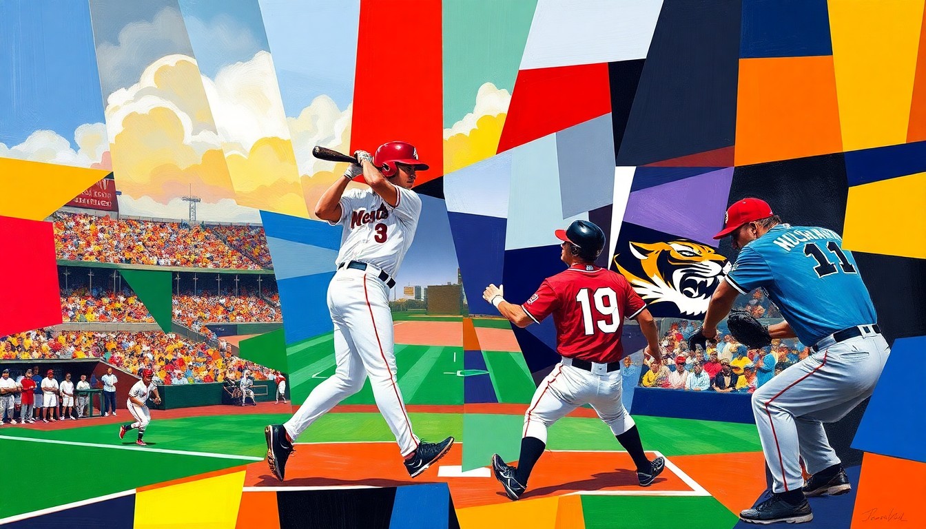 A cubist, geometric painting depicting a baseball pitcher in motion, with the players and field broken down into overlapping, angular shapes and planes in the colors of the South Carolina Gamecocks and Missouri Tigers uniforms.