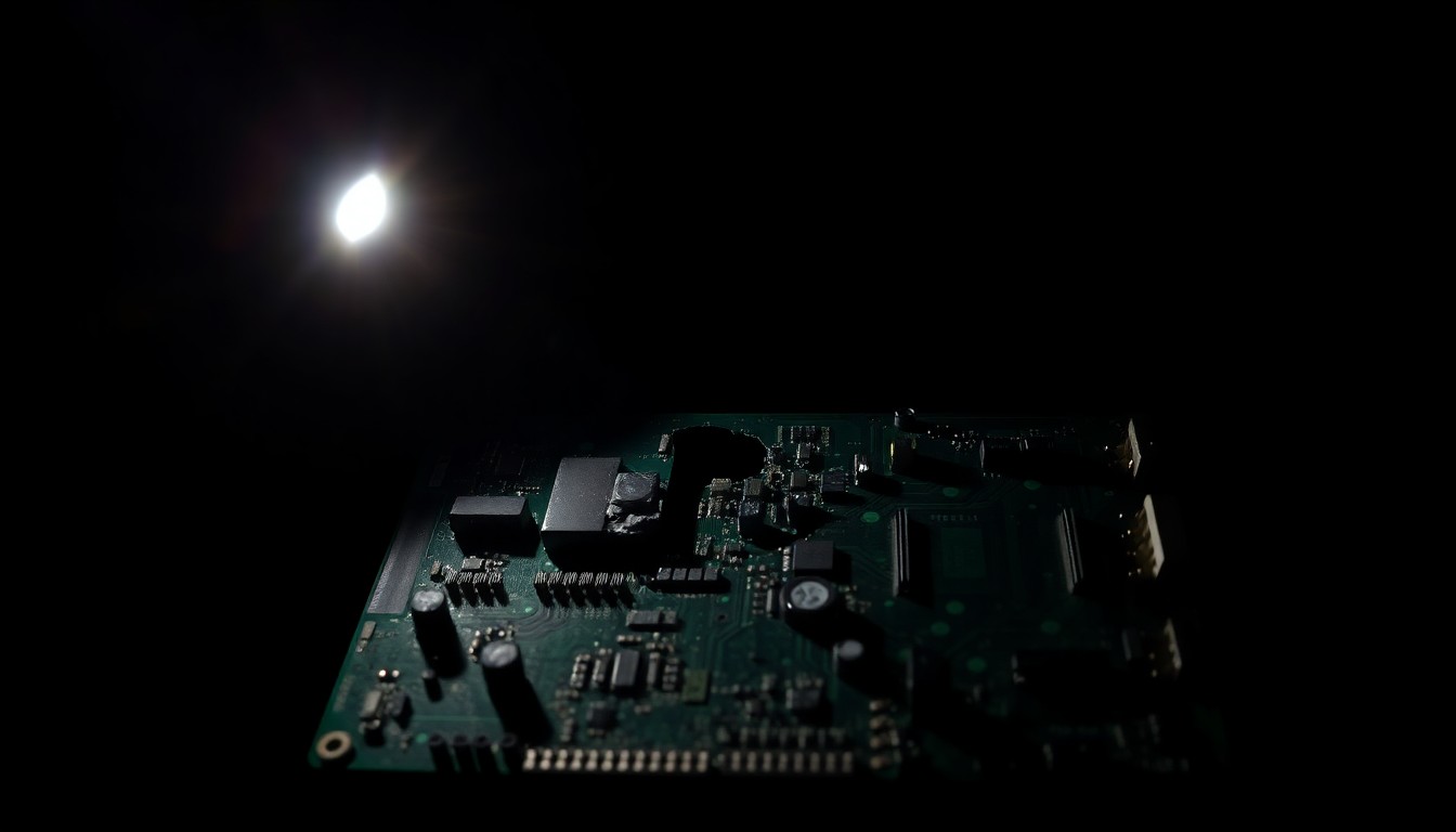 An extreme close-up photograph of a damaged computer circuit board, conceptually representing the disruption caused by a cyberattack on Winona County's systems.