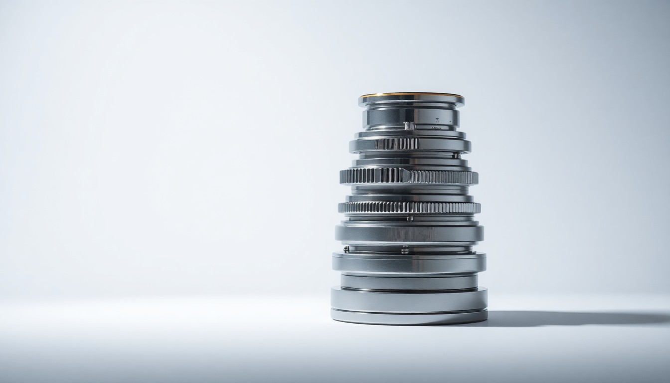 A photorealistic studio shot of a stack of sleek, metallic medical device components arranged on a plain white background, conveying the abstract corporate strategy and finance behind the medical technology industry.