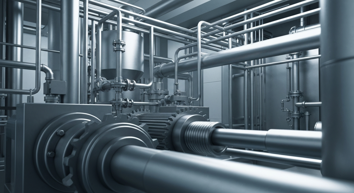 An extreme close-up of the intricate, industrial components of a pharmaceutical manufacturing plant, conveying the technical complexity and capital-intensive nature of the biotech industry.