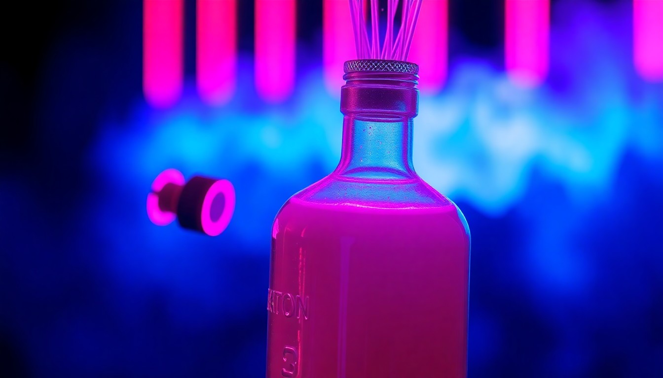 A highly detailed, glowing 3D illustration of a Molotov cocktail bottle with neon cyan and magenta lights, conceptually representing the physical threat of violence against AI technology leaders.
