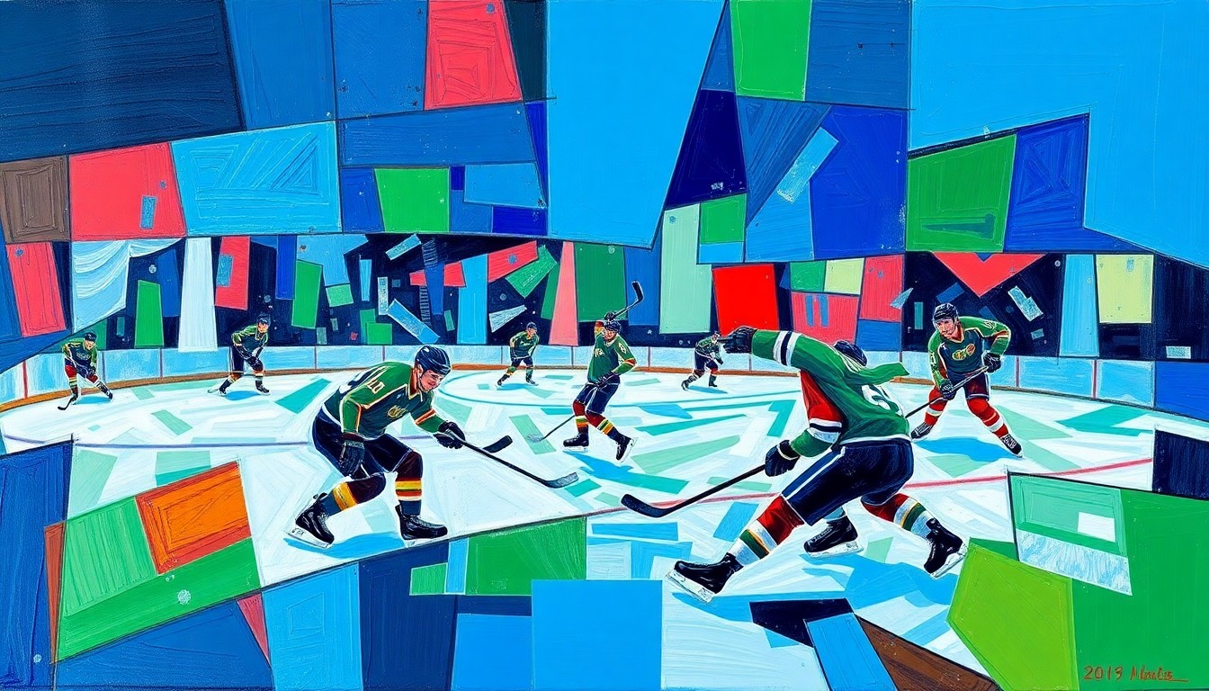 A fractured, geometric painting in bold blues, greens, and reds, depicting the dynamic action of a hockey game through Cubist-inspired shapes and planes.