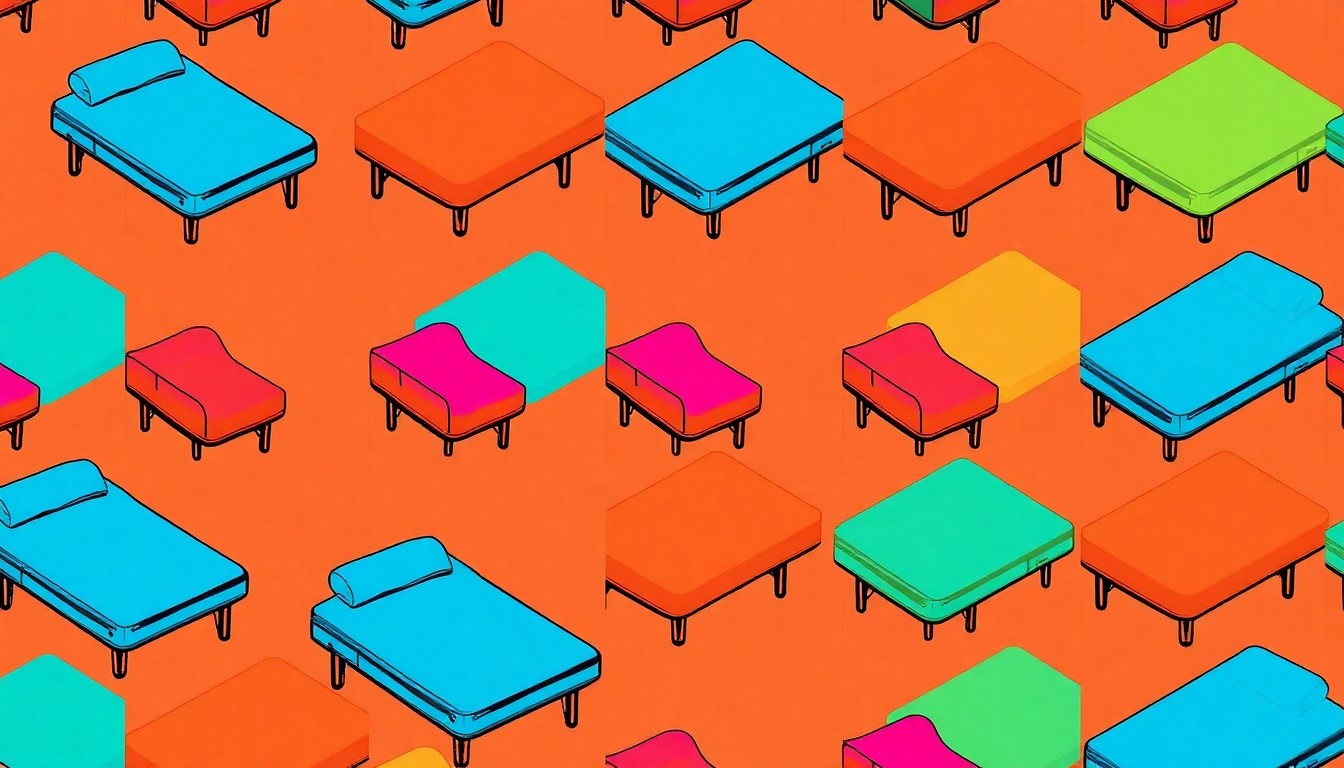 A brightly colored, high-contrast silkscreen print of a single, iconic convertible bed object repeated in a tight grid pattern, capturing the everyday design of a practical homeless aid item through a modern pop art lens.