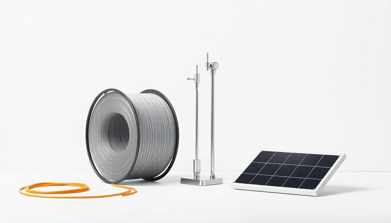 A minimalist studio still life photograph featuring a clean, monochromatic background with a carefully arranged composition of premium, polished objects representing the key elements of telecommunications and renewable energy infrastructure, such as a fiber optic cable spool, a wireless antenna, and a solar panel, conceptually illustrating the expanded capabilities of the combined Consertus and Airosmith platform.
