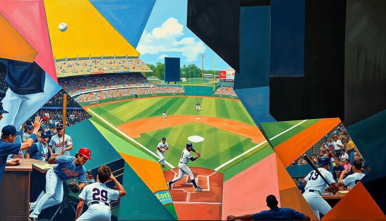 A cubist, geometric painting depicting a baseball game or action, with players and the field abstracted into sharp, overlapping shapes and planes of color, capturing the dynamic energy of the sport.