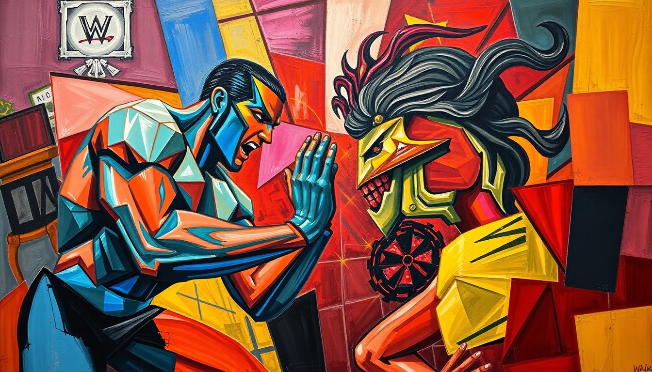 A fractured, multi-perspective painting in bold, vibrant colors depicting the dynamic movements and competition of two wrestlers, conceptually representing the global reach and crossover appeal of AEW's future superstars.