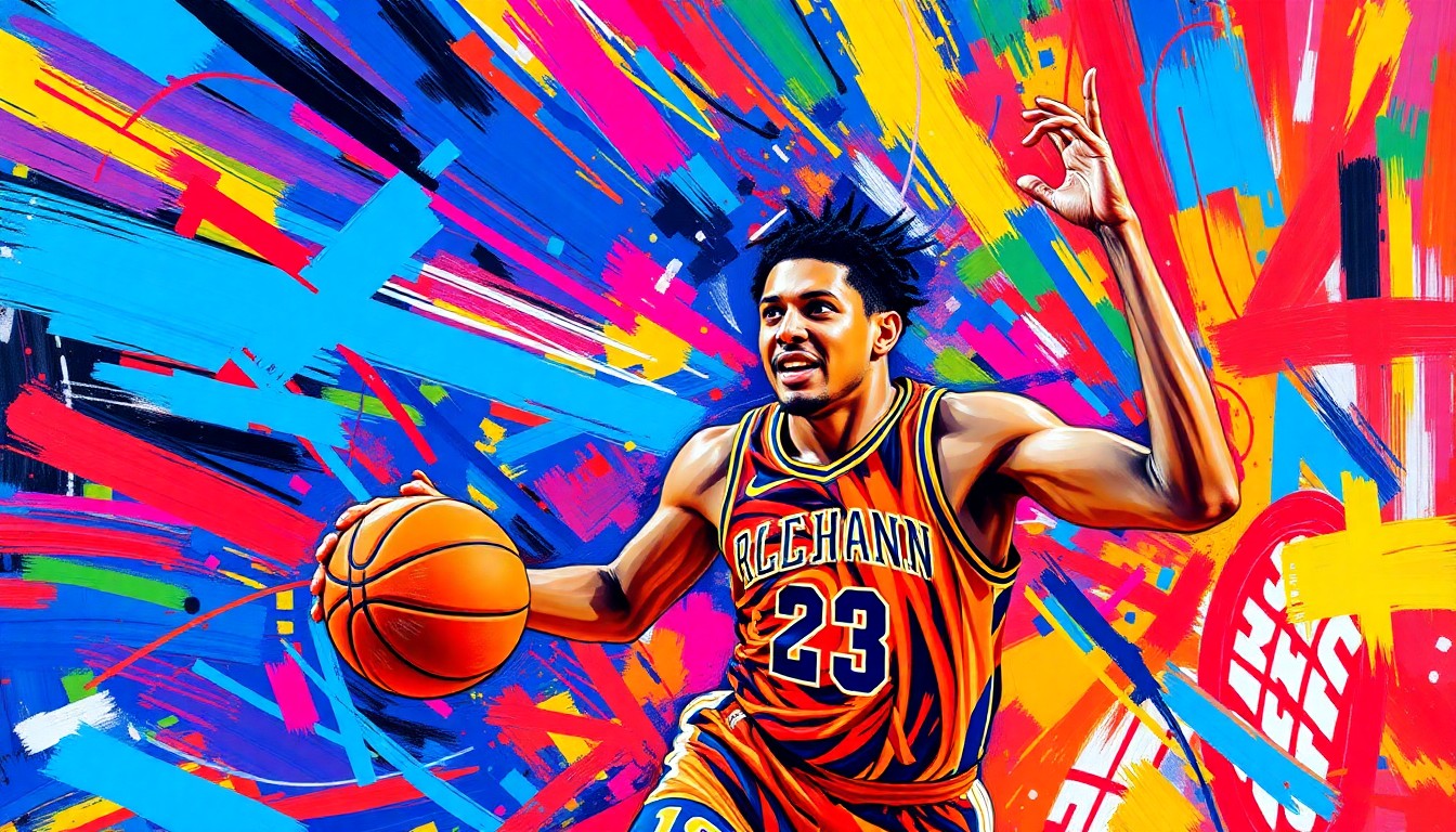 An abstract, expressionist painting in neon colors depicting the dynamic movements and energy of a basketball player on the court, representing Cade Cunningham's comeback performance for the Detroit Pistons.