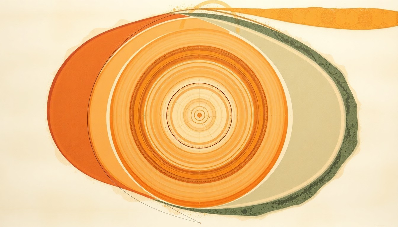 A bold, abstract painting in earthy tones of ochre, terracotta, and sage green, featuring sweeping geometric arcs, concentric circles, and precise botanical spirals, conceptually representing the complex scientific forces and natural phenomena that enable the desert bloom.