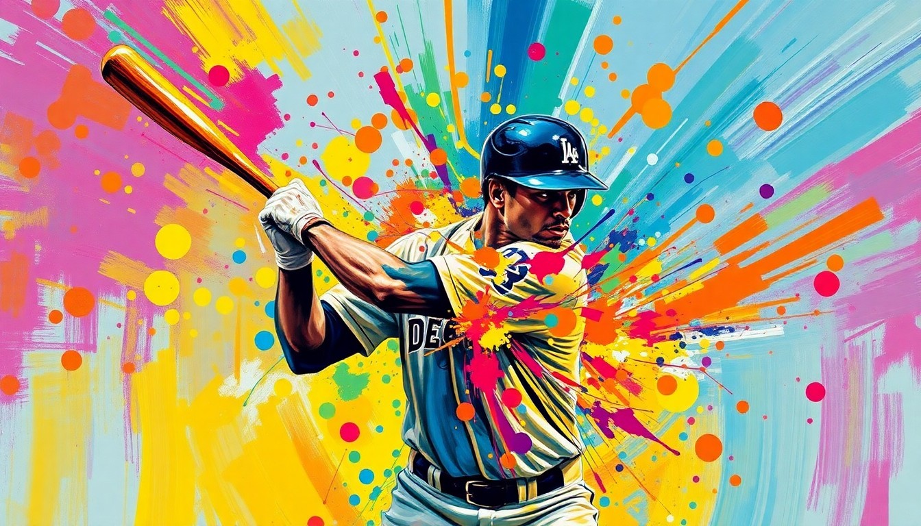 An abstract, expressionist painting in vibrant neon colors depicting the broken bronze bat of Ichiro Suzuki's statue, the shattered pieces dissolving into a dynamic, energetic composition that captures the spirit and legacy of the baseball legend.
