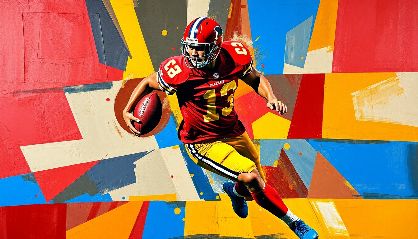 A cubist, geometric painting depicting a football player in motion, with sharp, overlapping planes of color representing the dynamic energy of the sport.