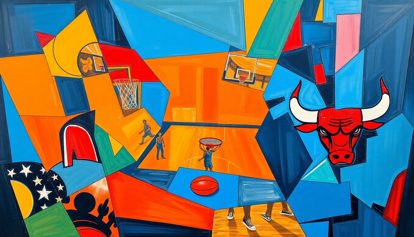 A cubist-style painting featuring fragmented, geometric shapes in bright blues, oranges, and reds, capturing the intensity and energy of a basketball game between the Orlando Magic and Chicago Bulls.