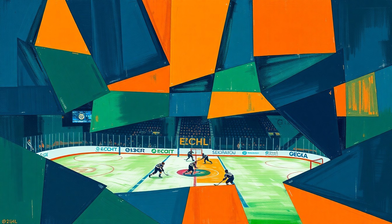 A cubist, geometric painting depicting an ECHL hockey game, with sharp, overlapping planes of navy, green, and orange representing the players, puck, and arena.
