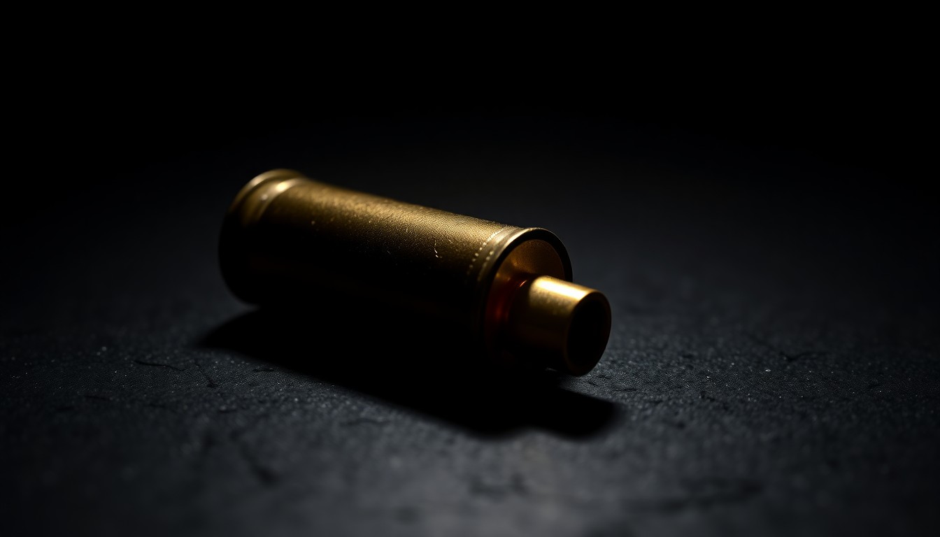An extreme close-up photograph of a single spent shell casing on a dark, textured surface, lit by a harsh, direct camera flash, conceptually illustrating the aftermath of a shooting incident.