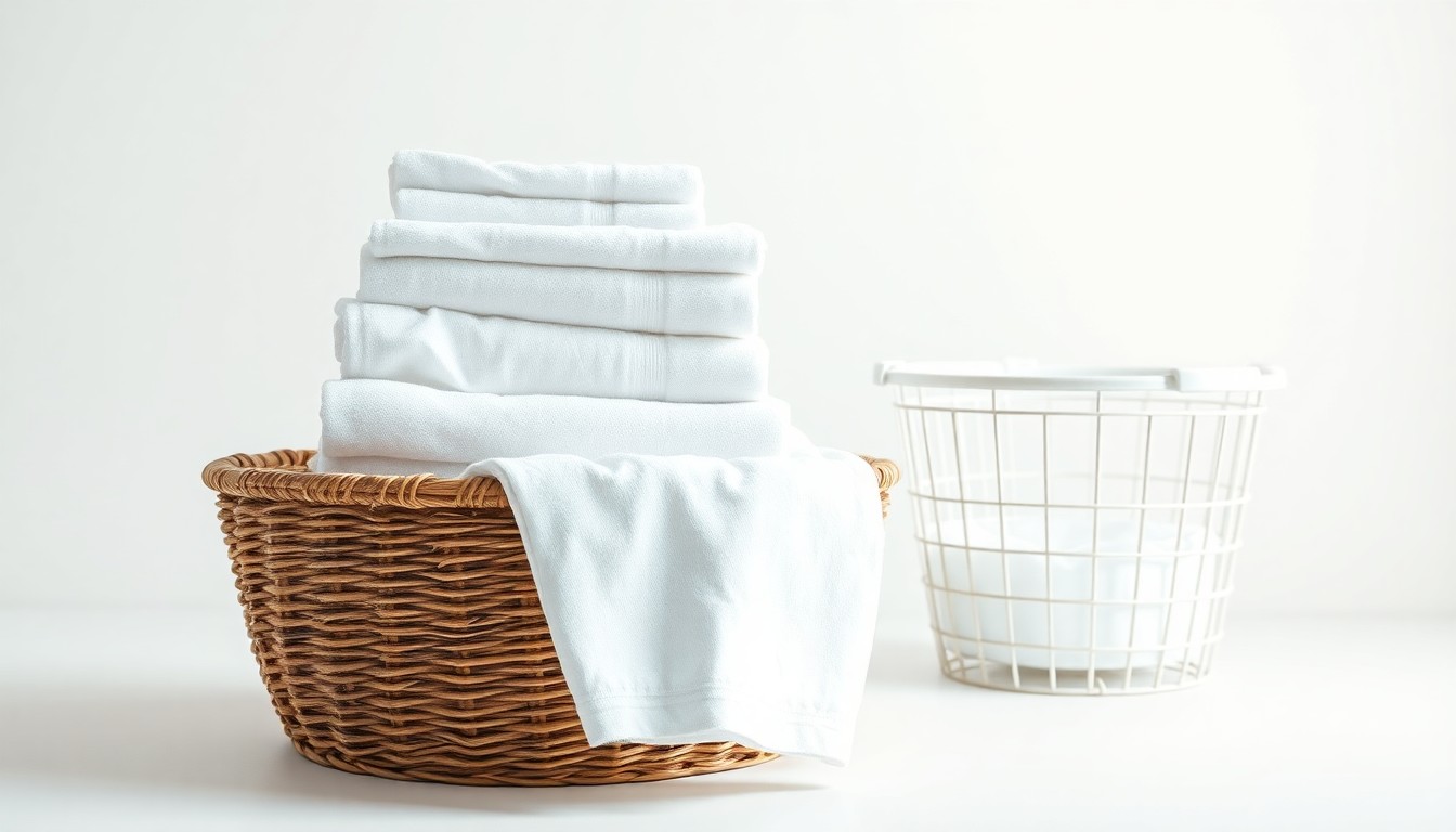 A high-end, photorealistic studio still-life photograph featuring a stack of freshly folded laundry, a set of clean white towels, and a vintage-style laundry basket, all arranged elegantly on a clean, monochromatic background, conceptually representing the essential service and community-focused nature of a new laundromat opening in West Louisville.