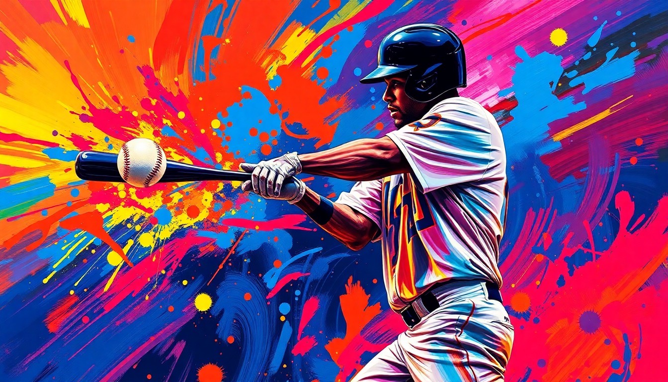 An abstract, expressionist painting depicting the powerful swing and explosive energy of baseball player Ronald Acuña Jr. as he hits a home run, the ball itself dissolving into a neon splatter of color.