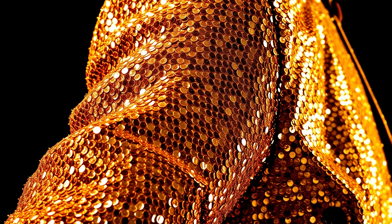 An extreme close-up of a heavily textured, glittering sequined fabric in shades of gold and black, filling the frame with a high-fashion, glamorous aesthetic.