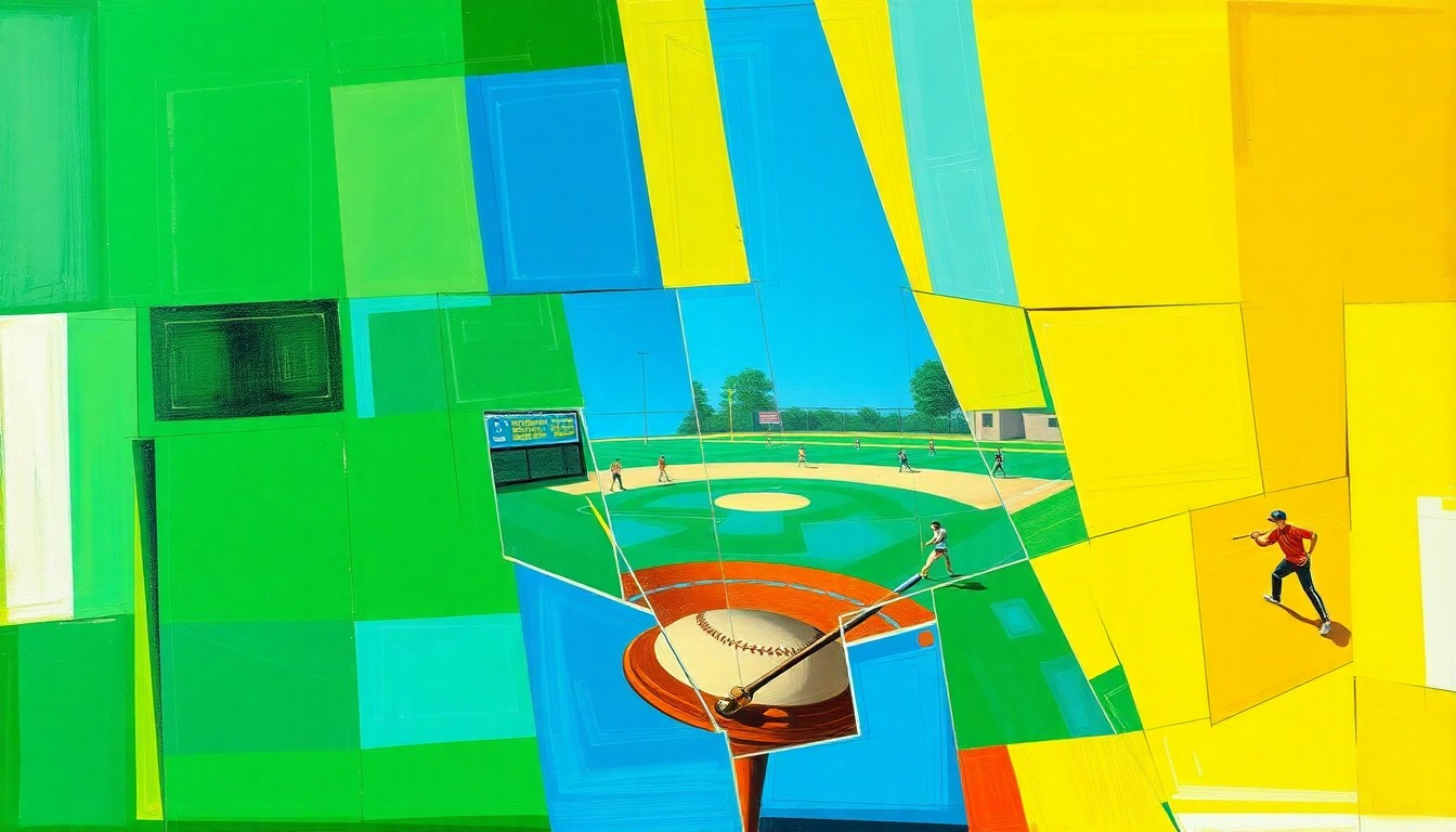A vibrant, cubist-style painting depicting a high school softball game broken down into overlapping geometric shapes and planes of color, conveying the energy and enthusiasm of the players on the field.