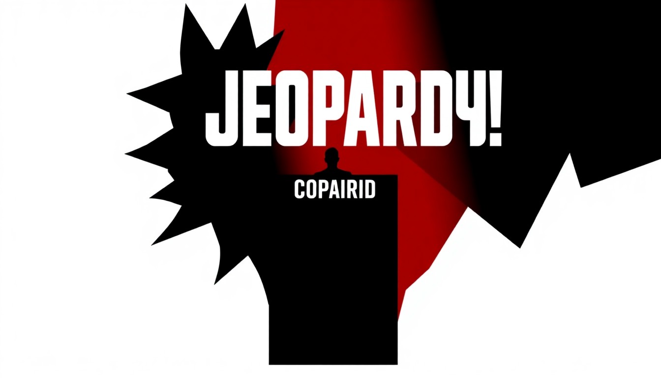 An abstract, minimalist illustration featuring bold, jagged geometric shapes in high-contrast red and white, conceptually representing a 'Jeopardy!' champion.