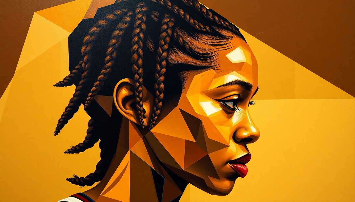 A fractured, abstract painting depicting a WNBA player's braided hairstyle broken down into sharp, overlapping geometric shapes and planes in earthy tones, conveying a sense of personal transformation and emotional complexity.