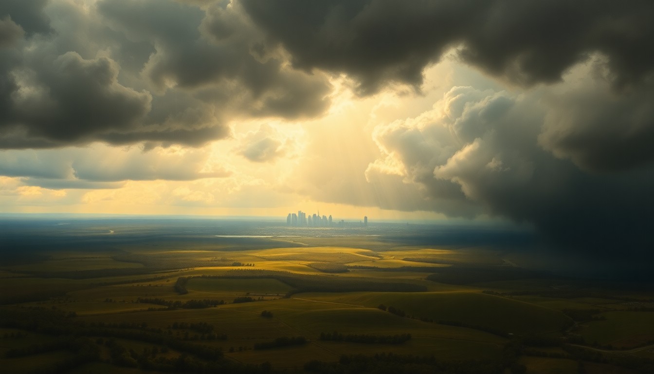 A sweeping, atmospheric landscape painting in muted tones of grey and blue, with heavy storm clouds dominating the sky and obscuring the distant cityscape, conveying the overwhelming scale and power of an approaching weather system.